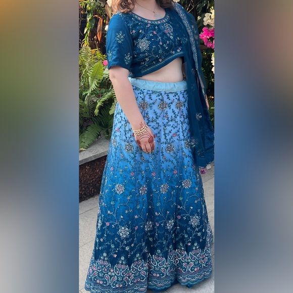 Teal Net Embroidered A - Line Lehenga Choli - Picture 2 of 3